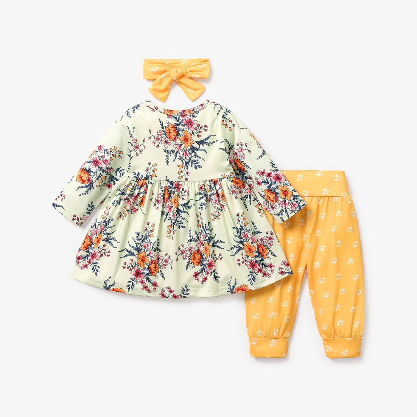 3pcs Floral Allover Long-sleeve Yellow Baby Set