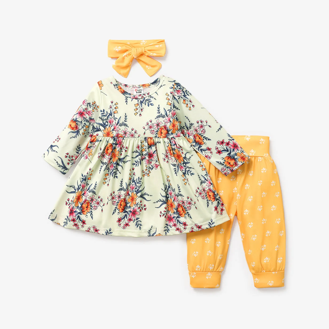 3pcs Floral Allover Long-sleeve Yellow Baby Set