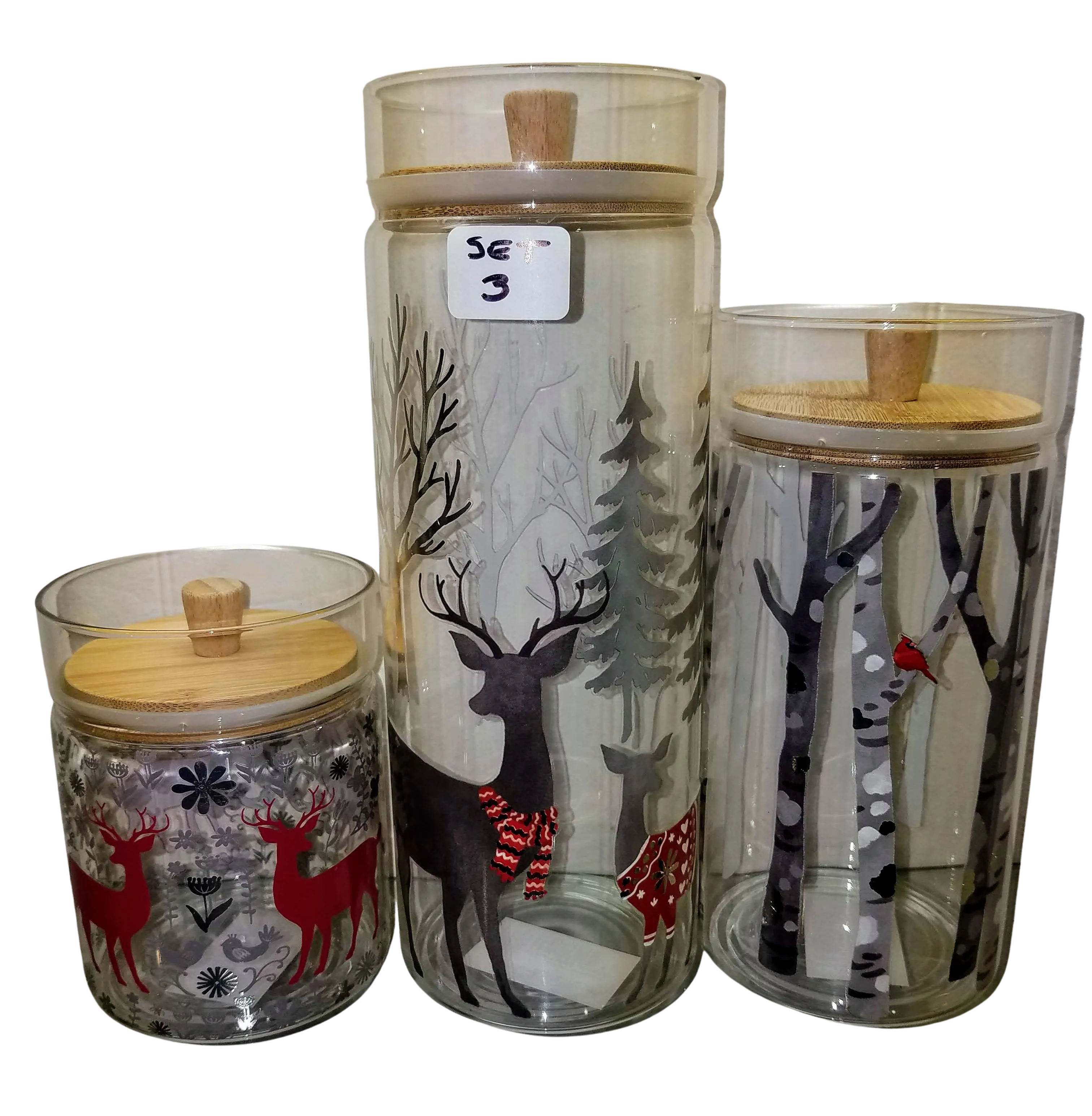 Acrylic canister set of 3- winter scene- large is 10"x4" - med is 8" x4" - small is 5"x4"