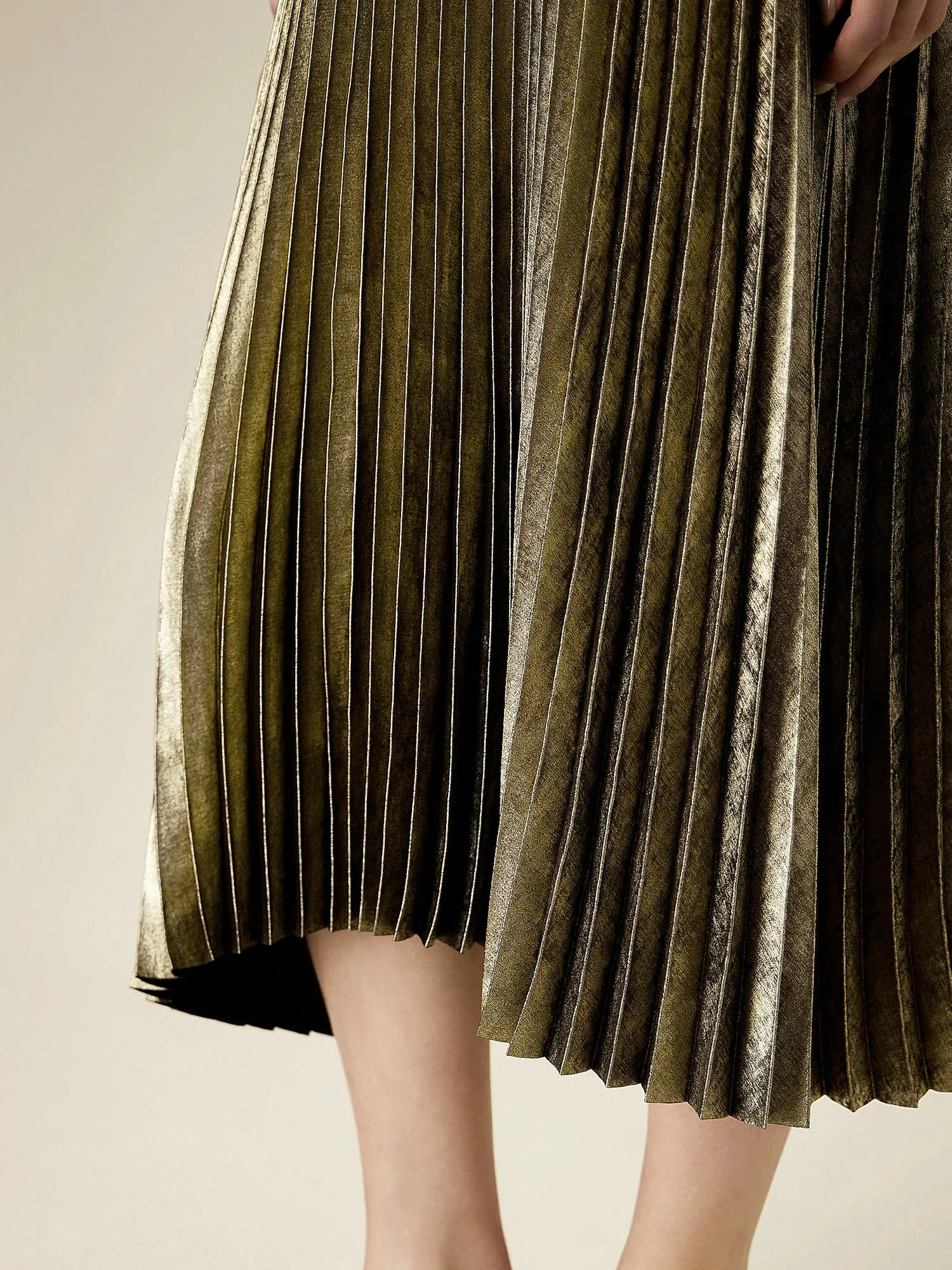 Amoretu Elastic Waist Satin Pleated A-Line Skirt