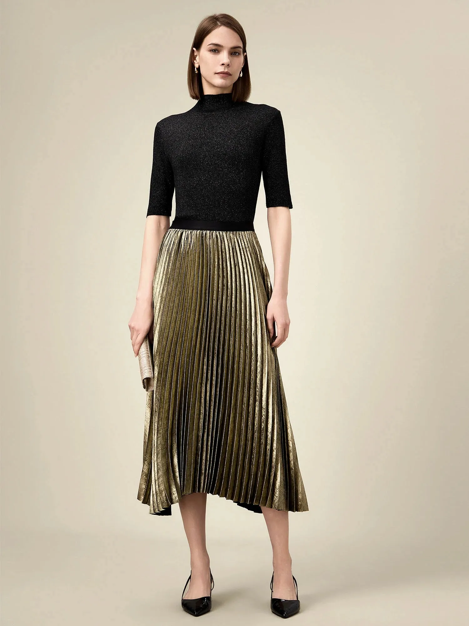 Amoretu Elastic Waist Satin Pleated A-Line Skirt