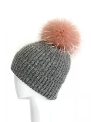 Angora/Wool Hat, Grey/Petal Pom