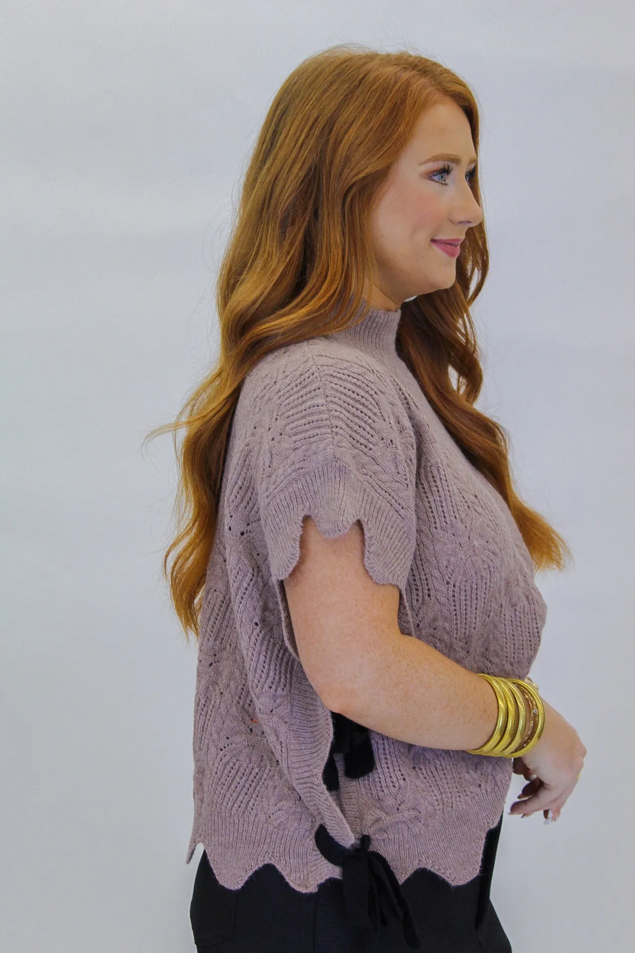 Babe Scallop Side Tie Sleeveless Sweater-Mocha