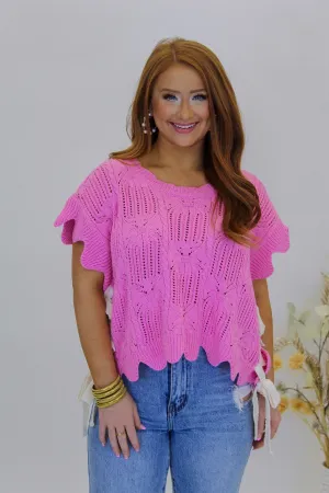 Babe Scallop Side Tie Sleeveless Sweater-Pink