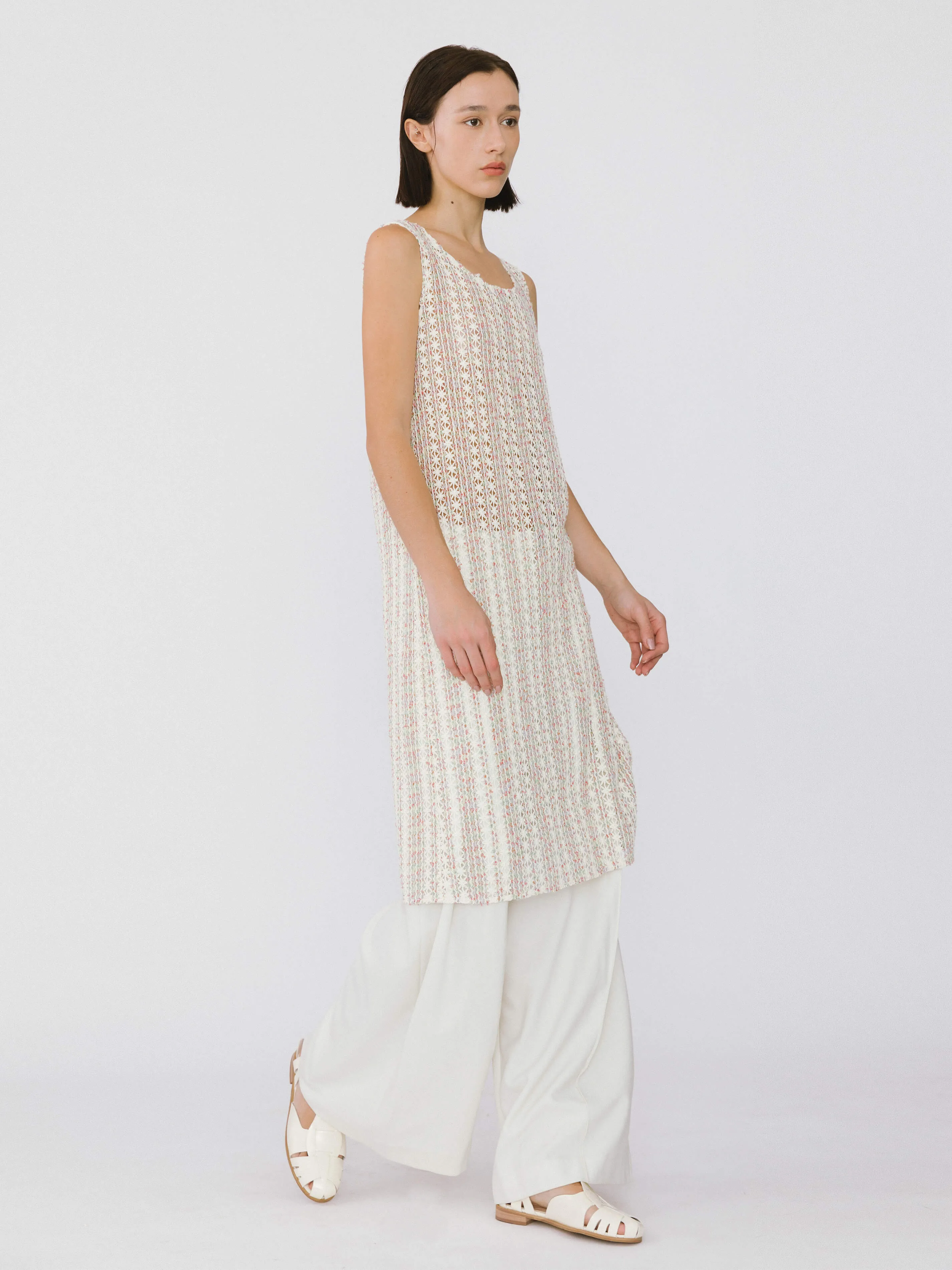 Beige Knitted Mesh Sleeveless Dress
