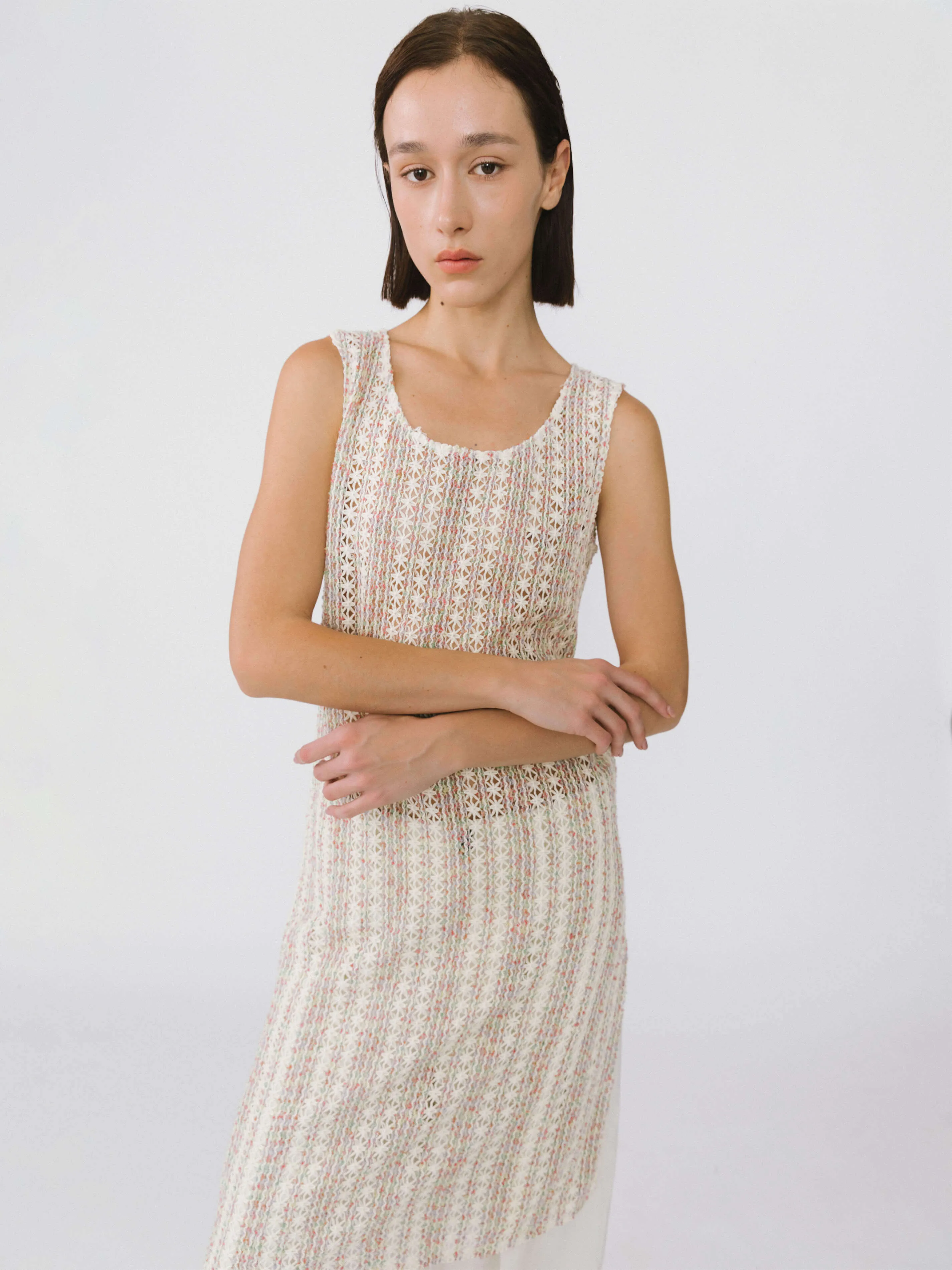 Beige Knitted Mesh Sleeveless Dress