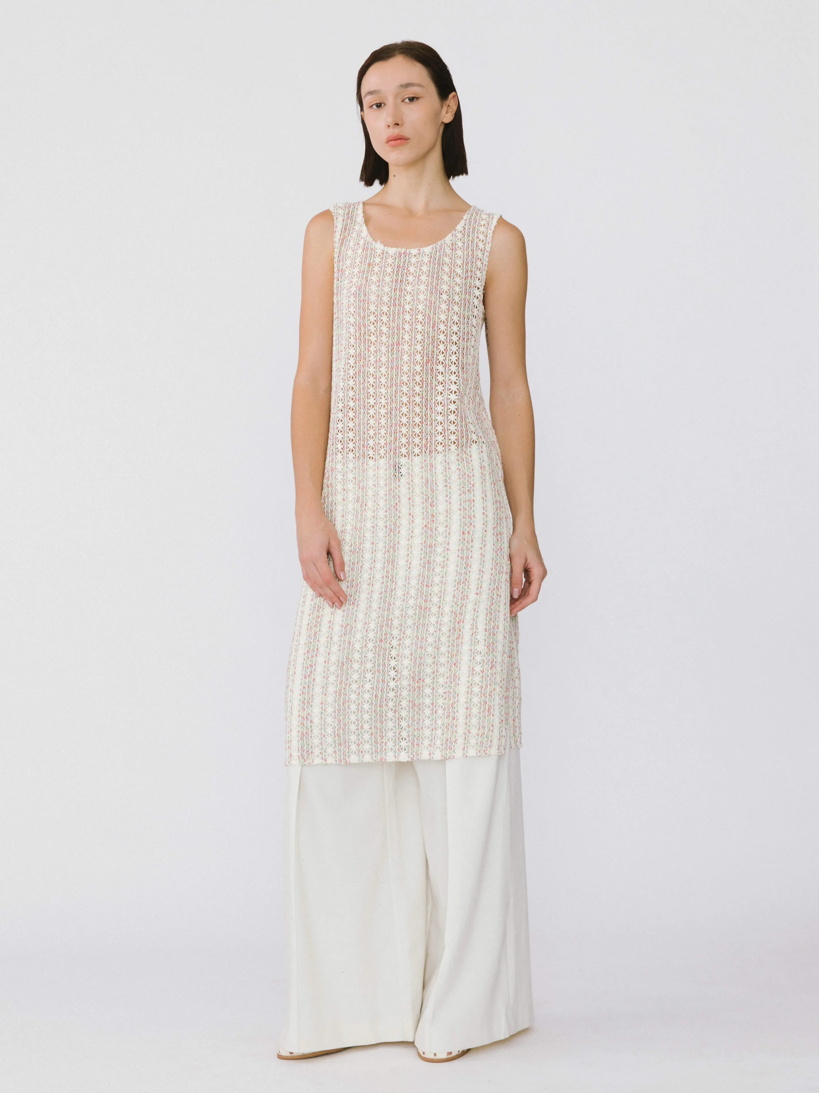 Beige Knitted Mesh Sleeveless Dress