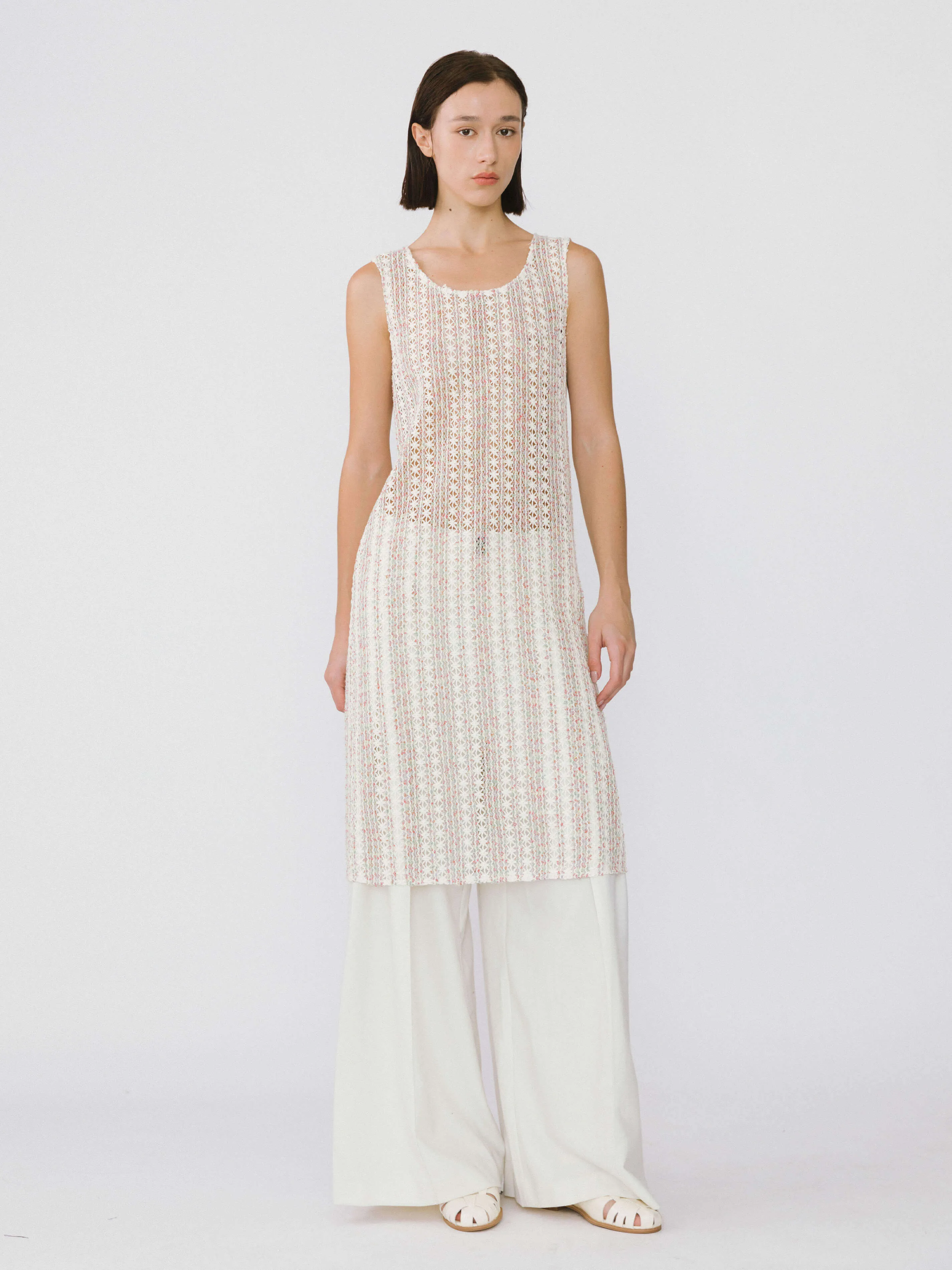 Beige Knitted Mesh Sleeveless Dress