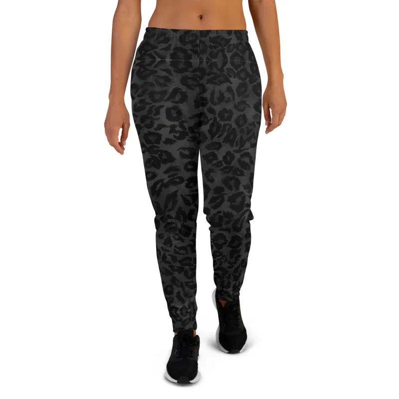 Black Leopard Women's Joggers, Animal Print Designer Ladies' Sweatpants-Made in EU/MX