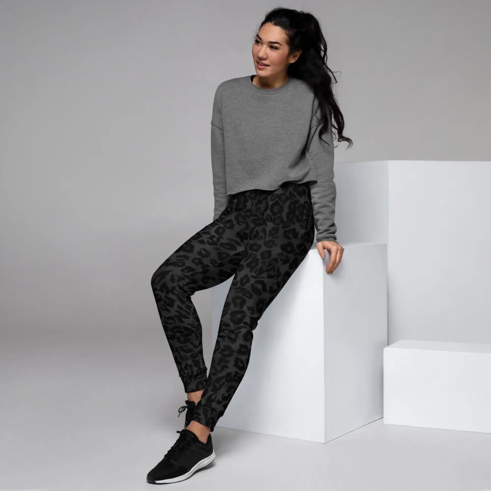 Black Leopard Women's Joggers, Animal Print Designer Ladies' Sweatpants-Made in EU/MX