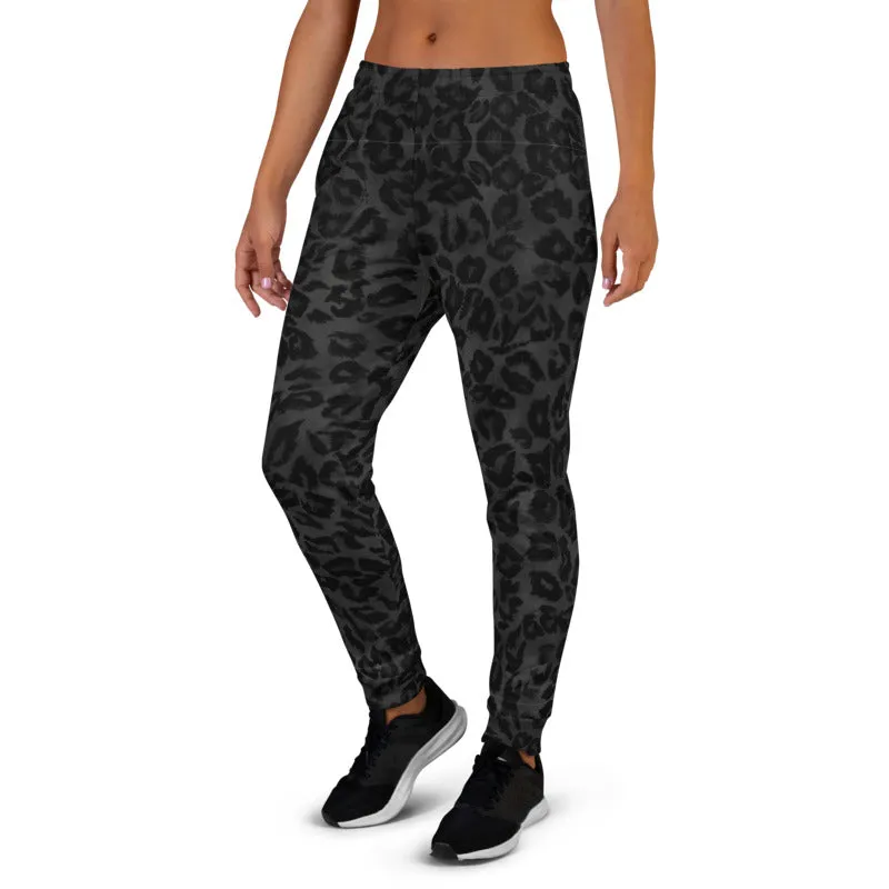 Black Leopard Women's Joggers, Animal Print Designer Ladies' Sweatpants-Made in EU/MX