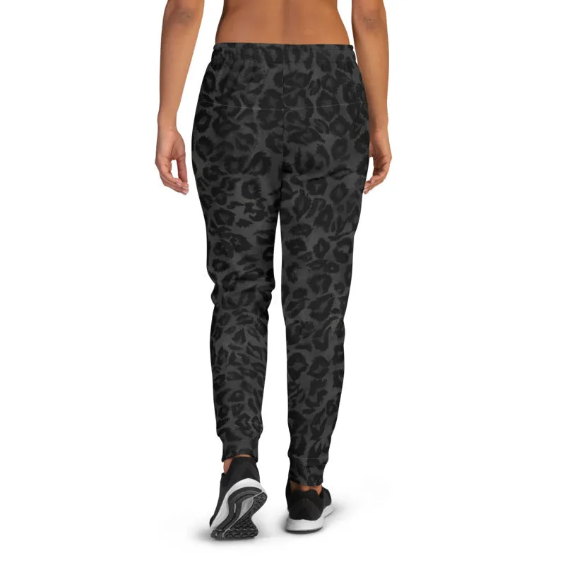 Black Leopard Women's Joggers, Animal Print Designer Ladies' Sweatpants-Made in EU/MX
