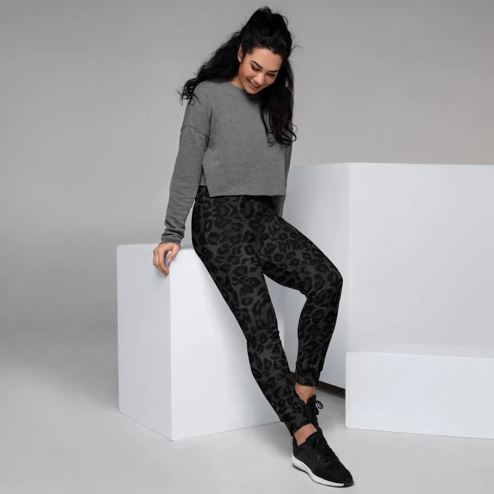 Black Leopard Women's Joggers, Animal Print Designer Ladies' Sweatpants-Made in EU/MX