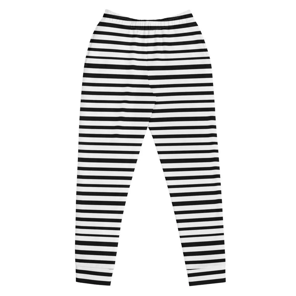 Black Striped Women's Joggers, White Horizontal Stripe Casual Sweatpants- Made in USA/EU