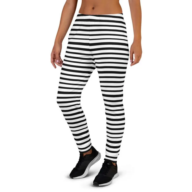 Black Striped Women's Joggers, White Horizontal Stripe Casual Sweatpants- Made in USA/EU