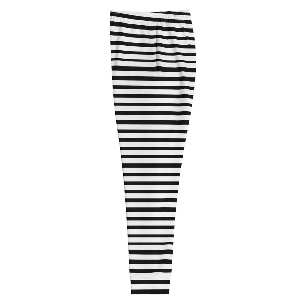 Black Striped Women's Joggers, White Horizontal Stripe Casual Sweatpants- Made in USA/EU