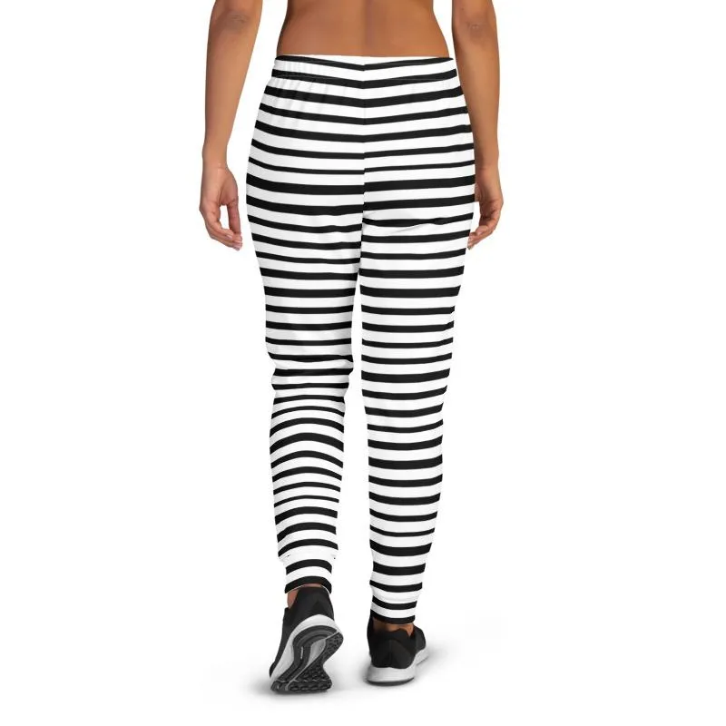 Black Striped Women's Joggers, White Horizontal Stripe Casual Sweatpants- Made in USA/EU