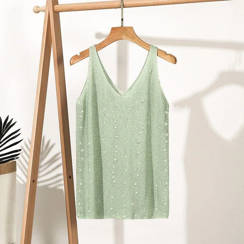 Bling Lurex Summer Knit Tank Top for Women Cami Sleeveless Crystals Top