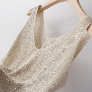Bling Lurex Summer Knit Tank Top for Women Cami Sleeveless Crystals Top