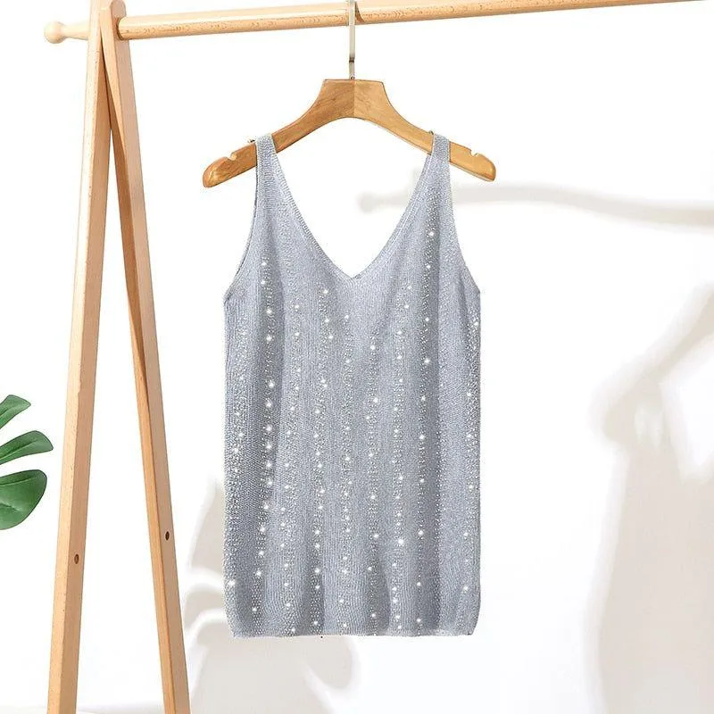 Bling Lurex Summer Knit Tank Top for Women Cami Sleeveless Crystals Top