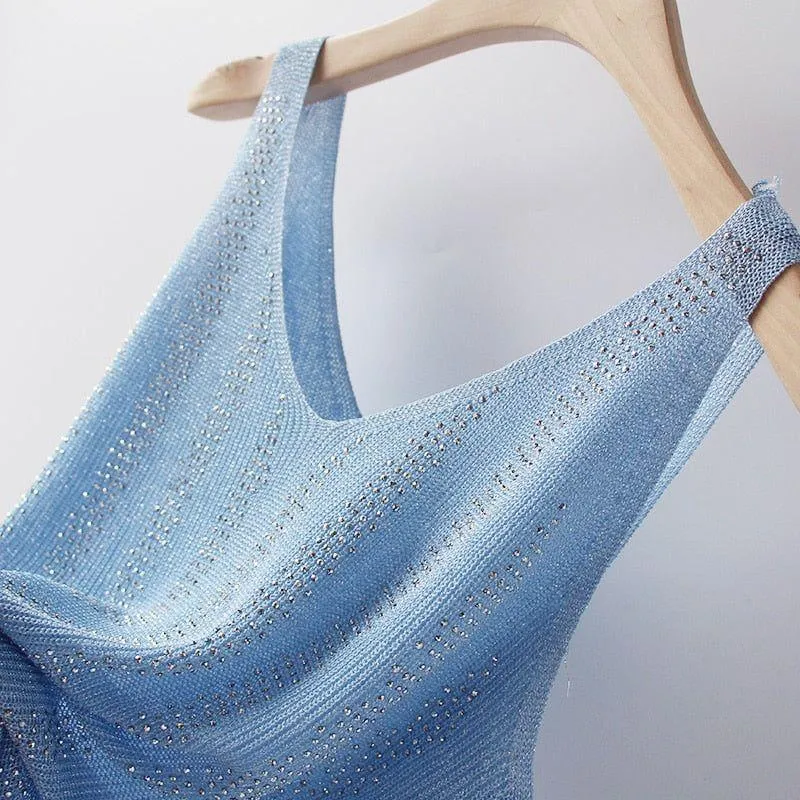 Bling Lurex Summer Knit Tank Top for Women Cami Sleeveless Crystals Top
