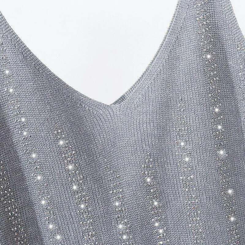Bling Lurex Summer Knit Tank Top for Women Cami Sleeveless Crystals Top