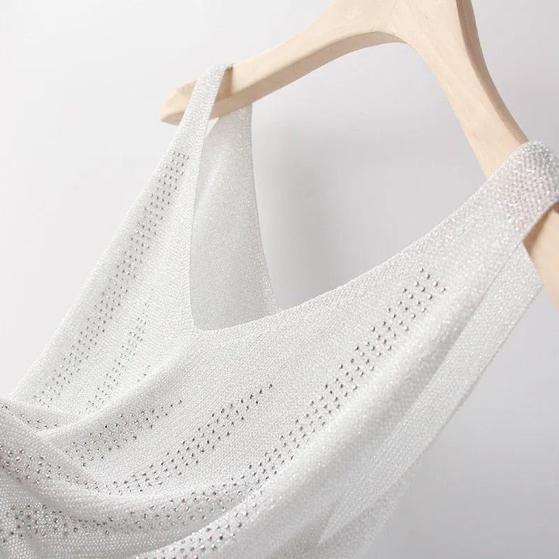 Bling Lurex Summer Knit Tank Top for Women Cami Sleeveless Crystals Top