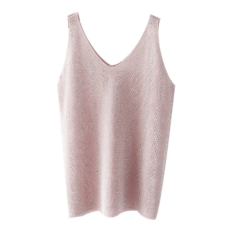 Bling Lurex Summer Knit Tank Top for Women Cami Sleeveless Crystals Top