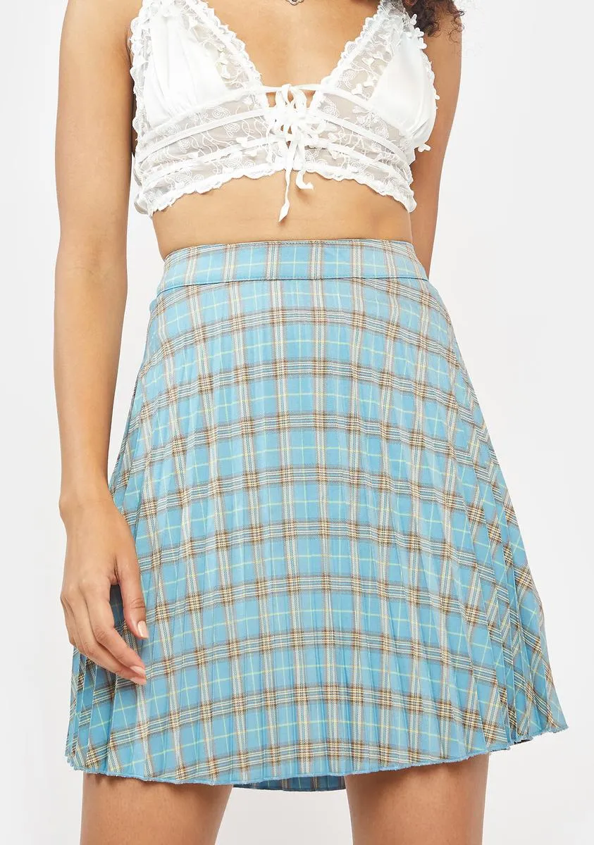 Blue Check Pleated Kilt Skirt
