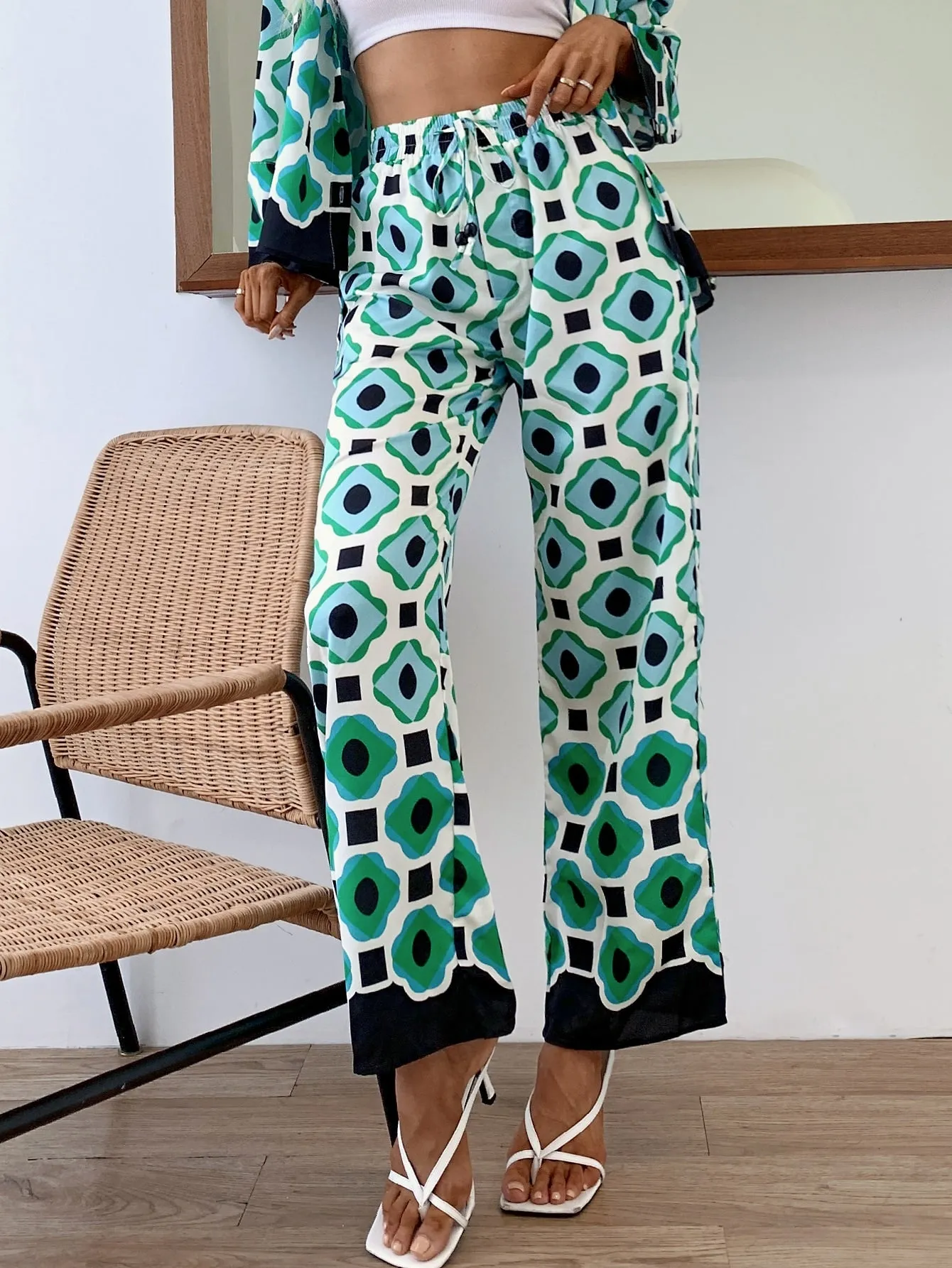 Boho All Over Print Drawstring High Waist Long Women Pants