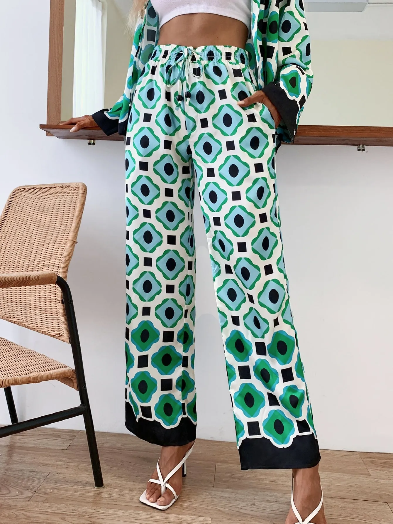 Boho All Over Print Drawstring High Waist Long Women Pants