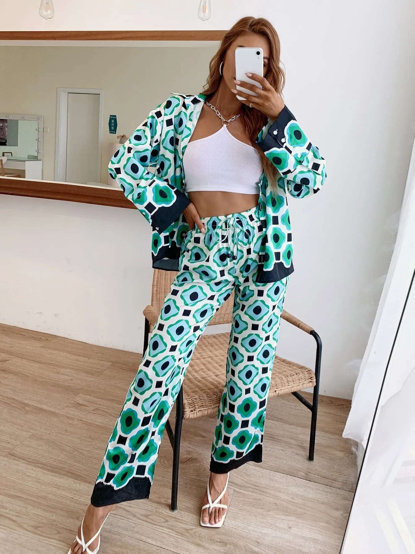 Boho All Over Print Drawstring High Waist Long Women Pants