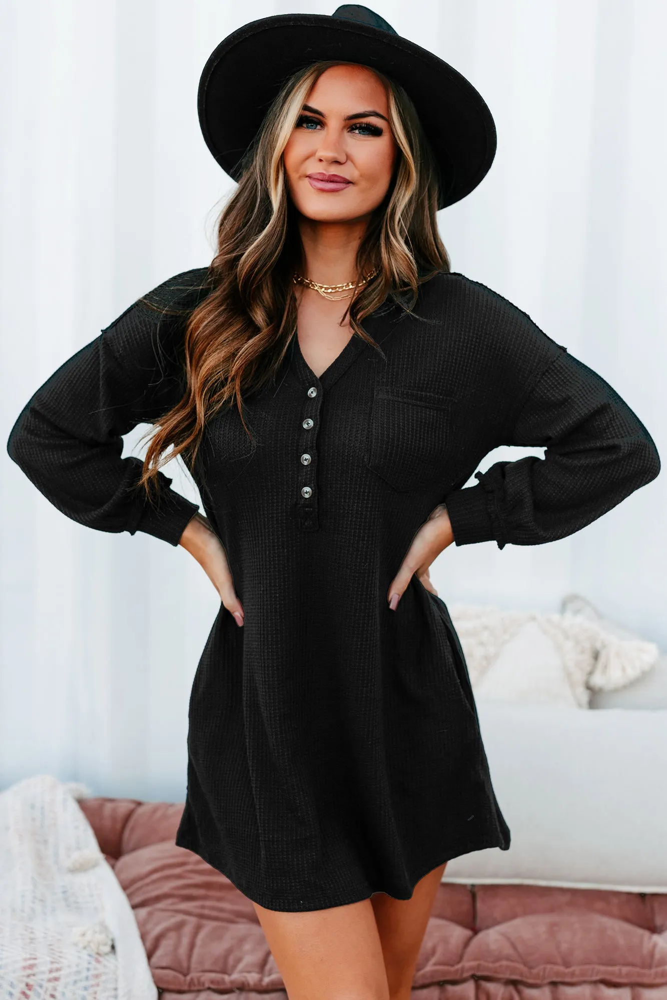 Brunch Basics Waffle Knit Shirt Dress (Black)