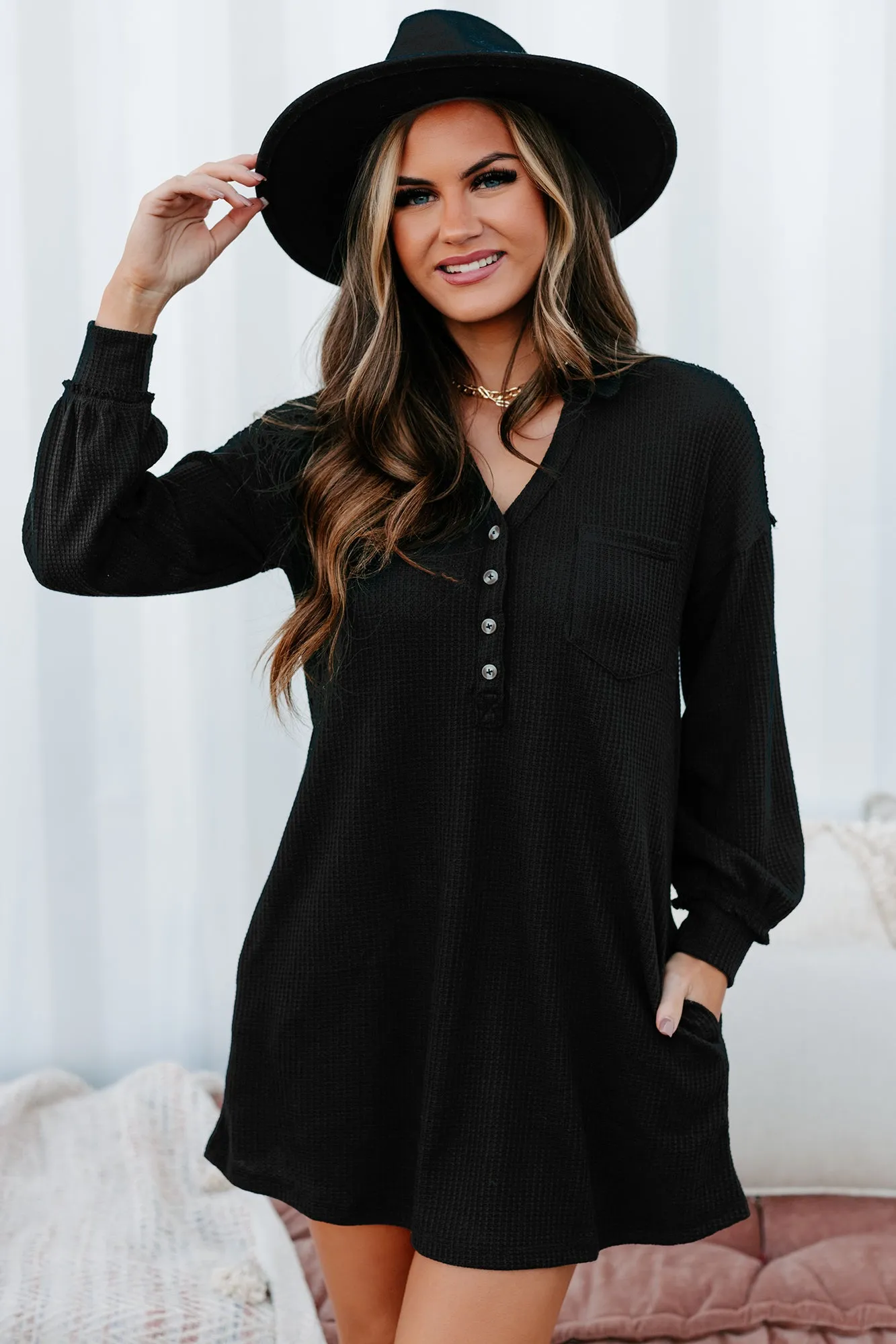 Brunch Basics Waffle Knit Shirt Dress (Black)