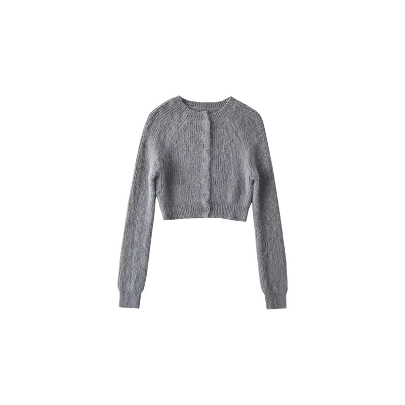 Brynn Solid Color Ribbed Knitted Button Up Long Sleeve Cropped Sweater