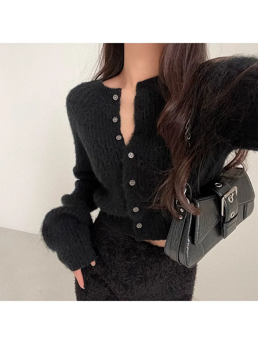 Brynn Solid Color Ribbed Knitted Button Up Long Sleeve Cropped Sweater