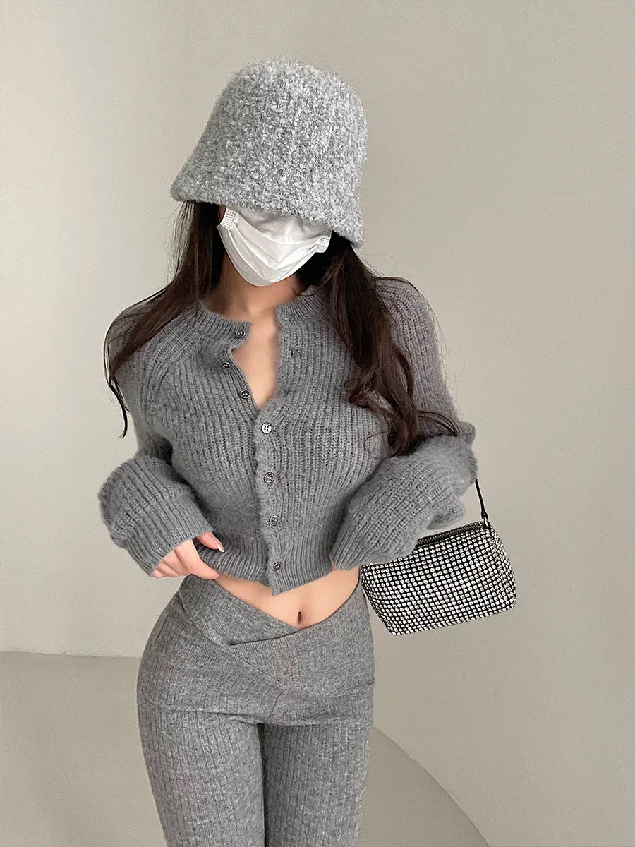 Brynn Solid Color Ribbed Knitted Button Up Long Sleeve Cropped Sweater