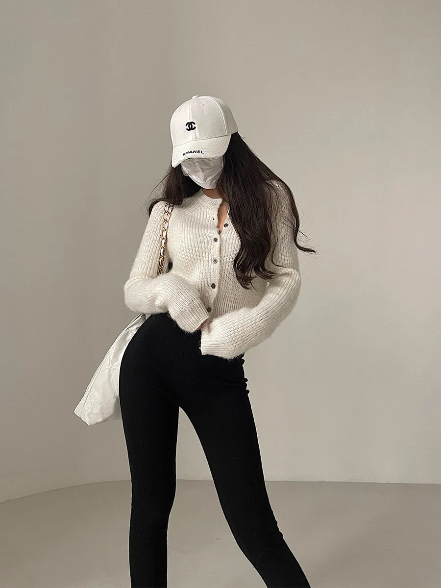 Brynn Solid Color Ribbed Knitted Button Up Long Sleeve Cropped Sweater