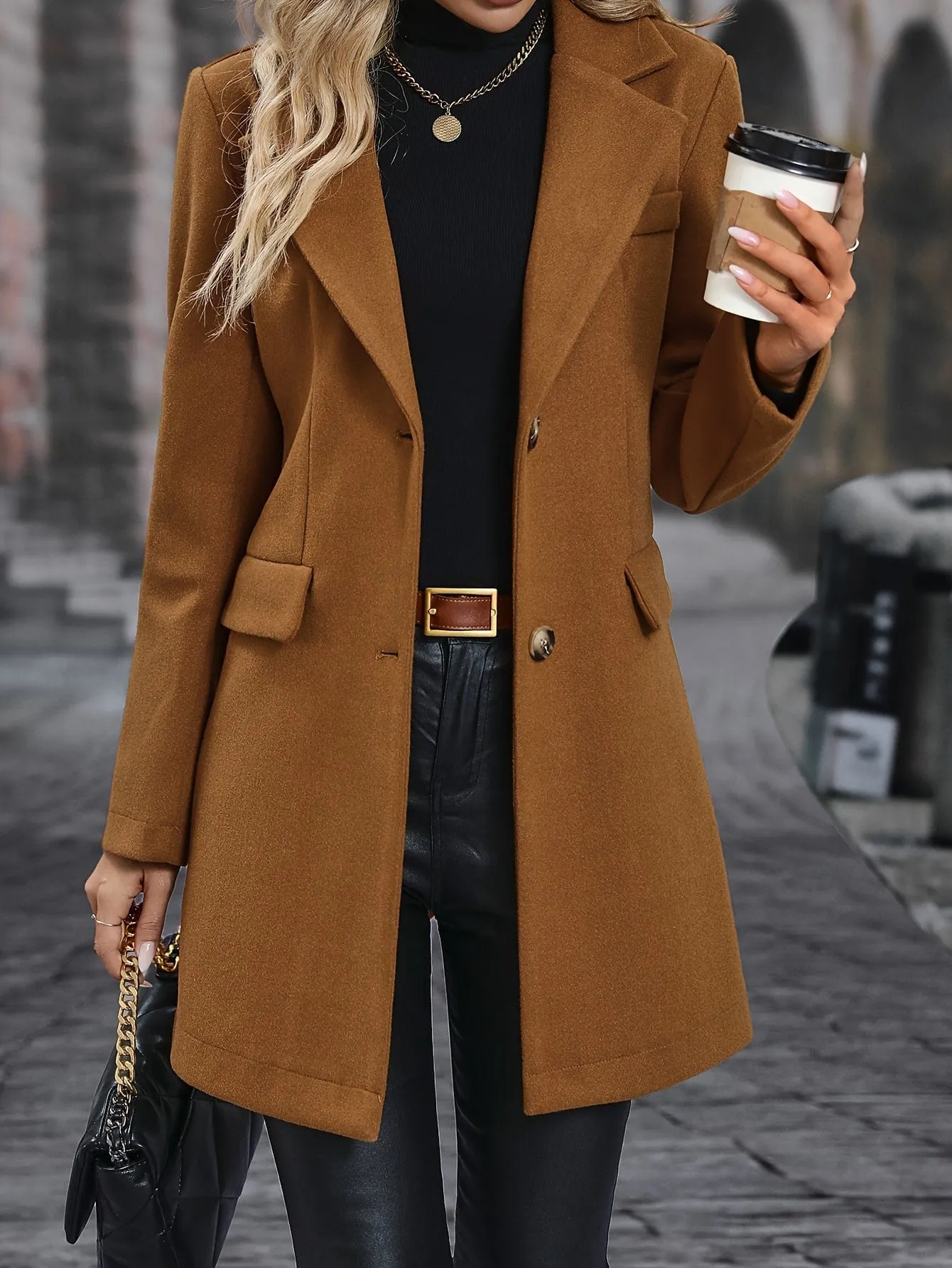 Button-Front Long Sleeve Casual Winter Coat
