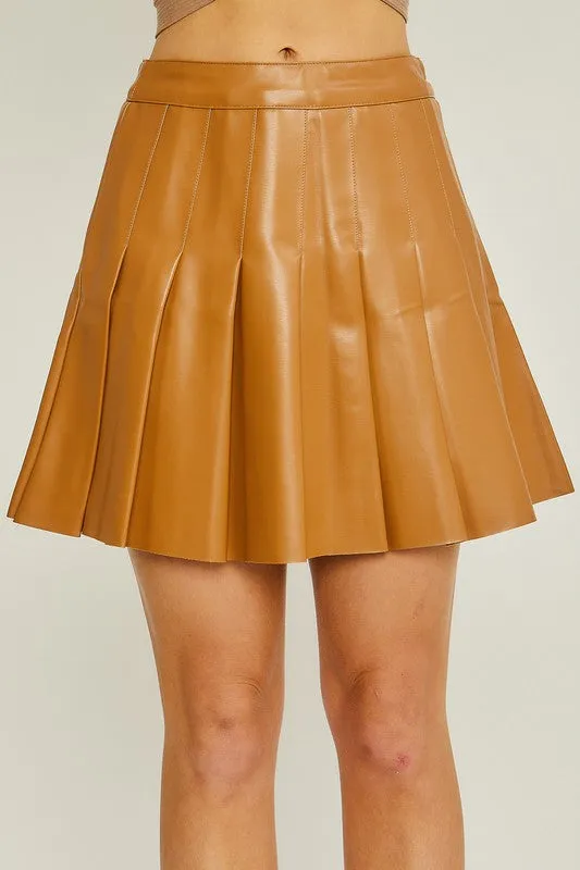 Camel PU Mini Pleated Skirt