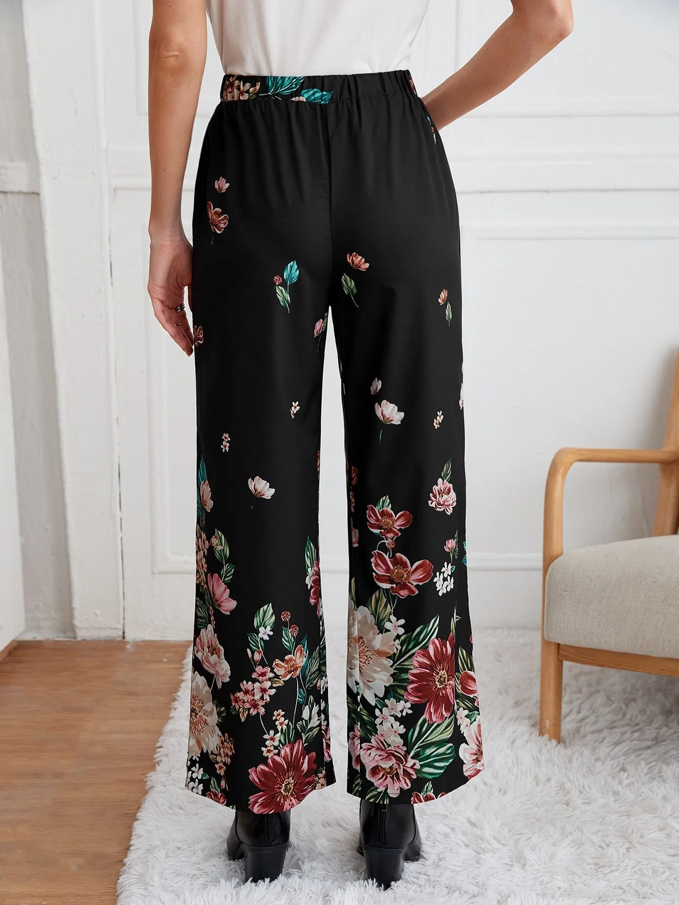Casual Floral High Waist Long Women Pants