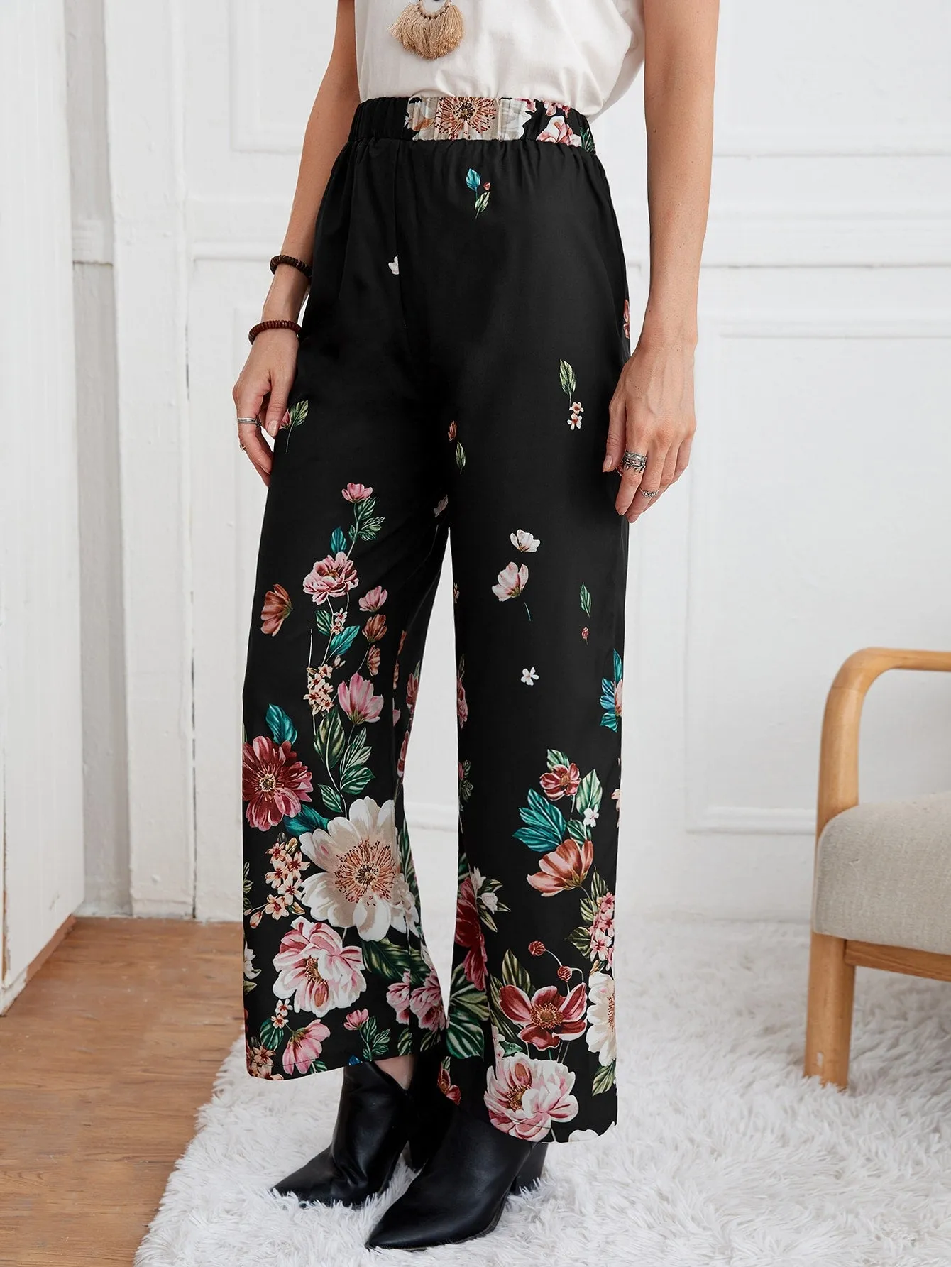 Casual Floral High Waist Long Women Pants