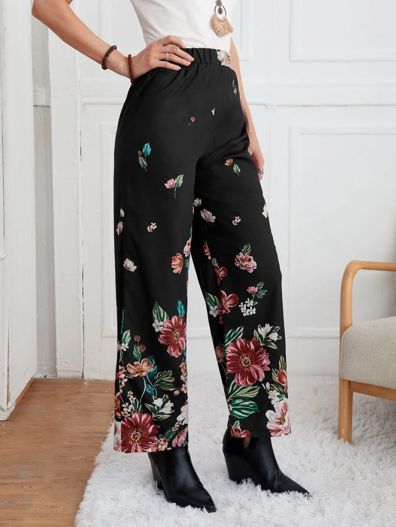 Casual Floral High Waist Long Women Pants