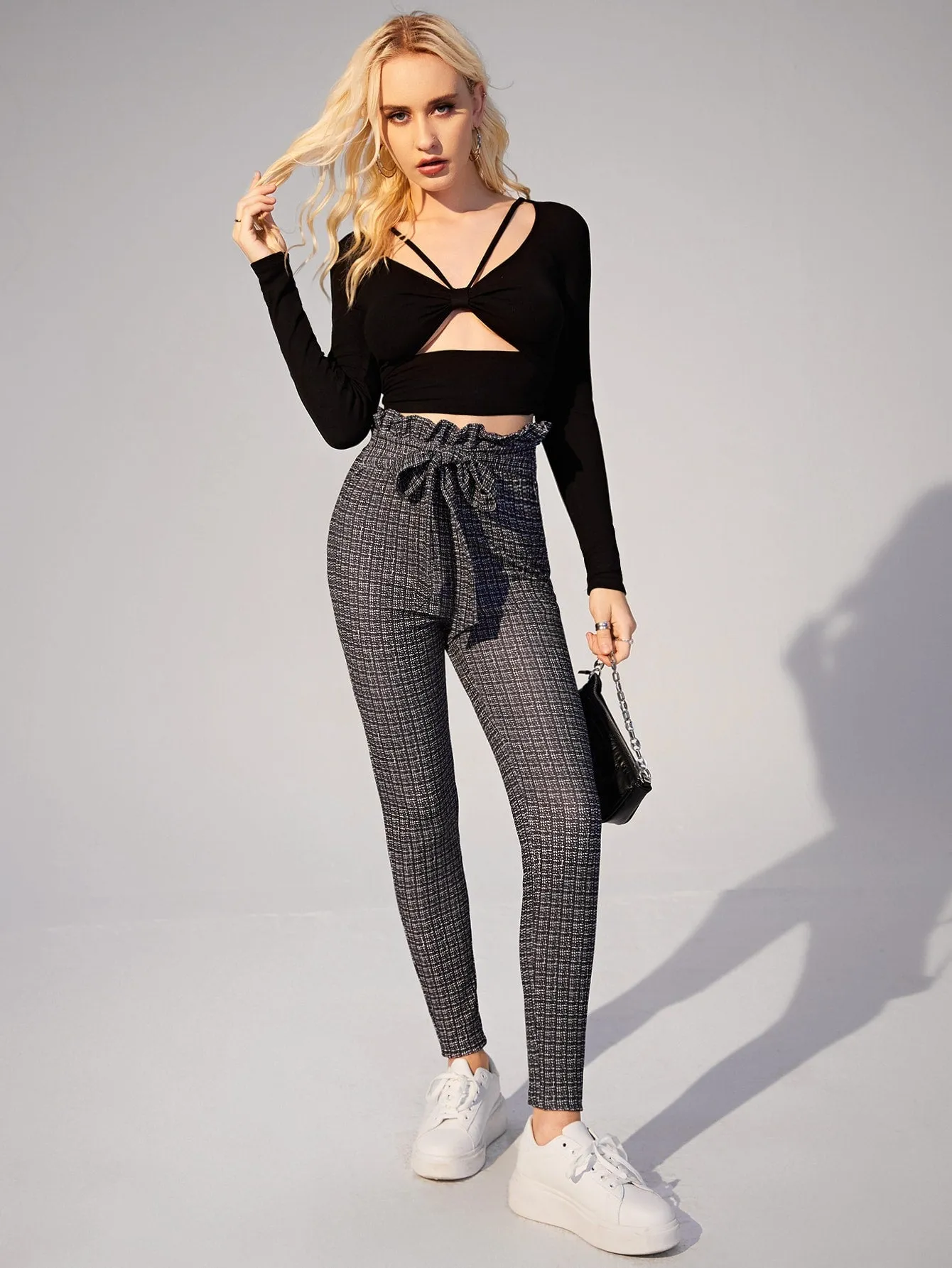 Casual Plaid Tie Front High Waist Long Women Pants