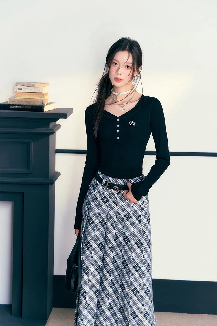 Check Pleated Long Skirt