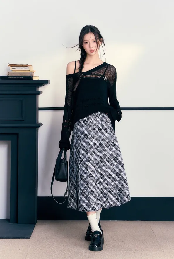 Check Pleated Long Skirt