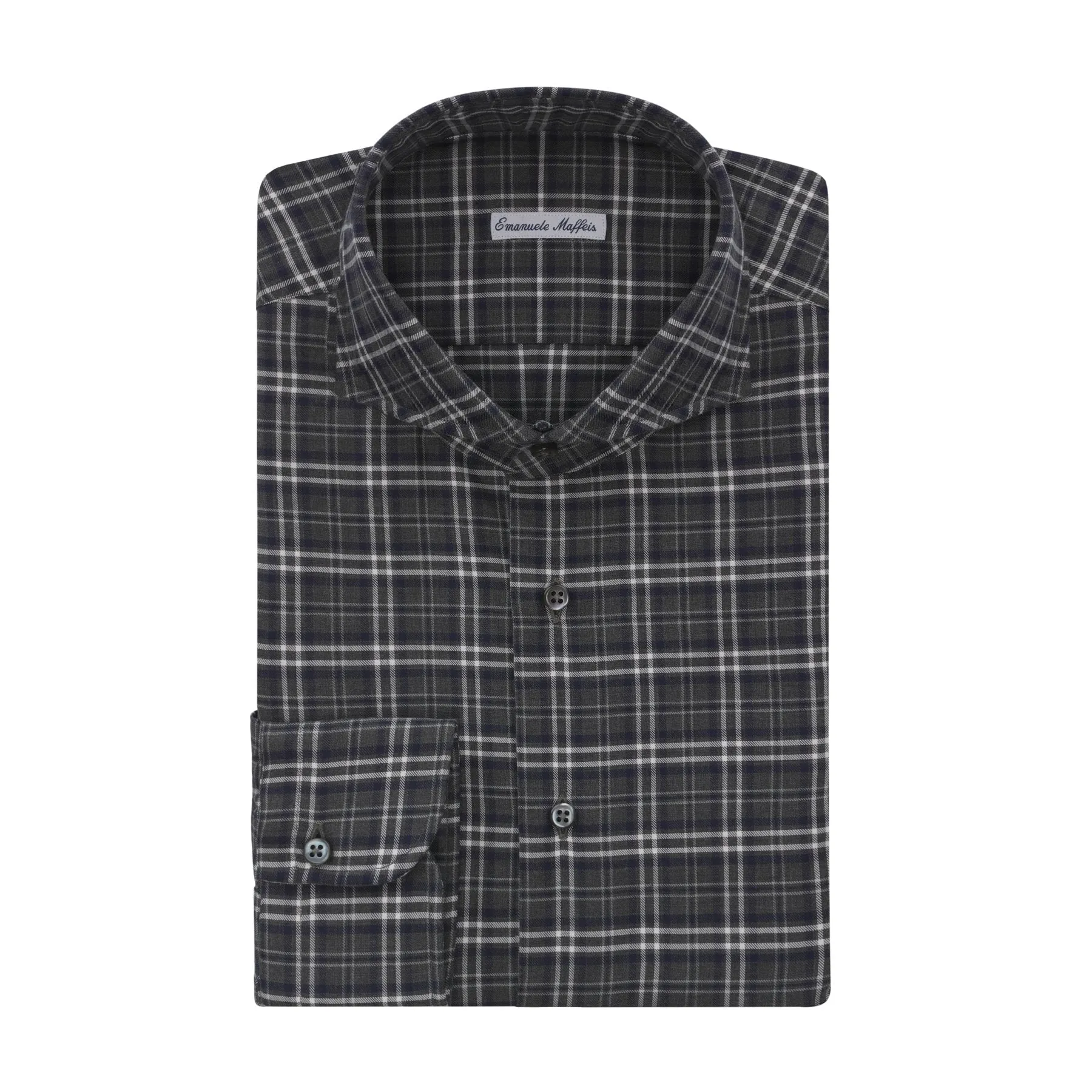 Checked Cotton Green Shirt with Shark Collar