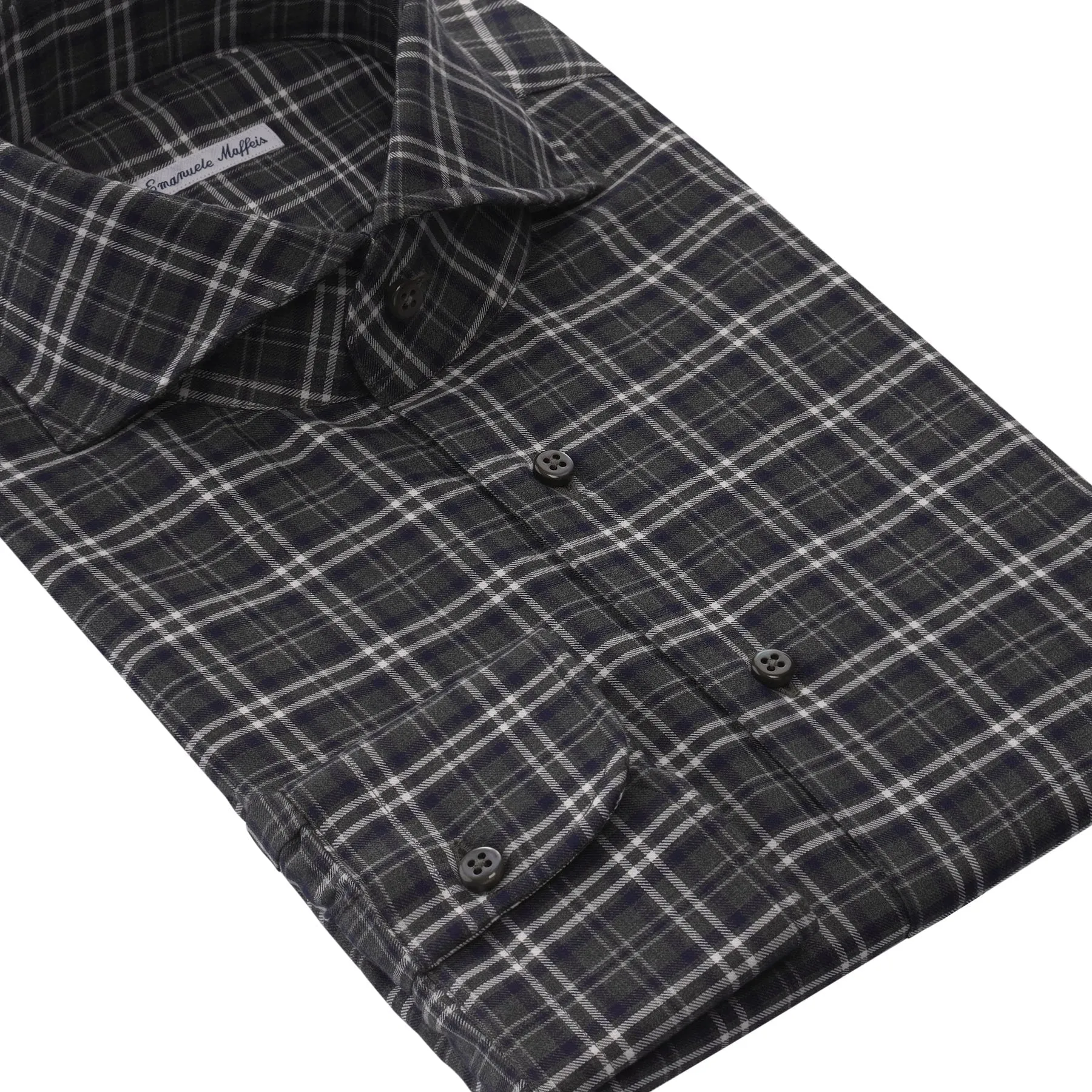 Checked Cotton Green Shirt with Shark Collar