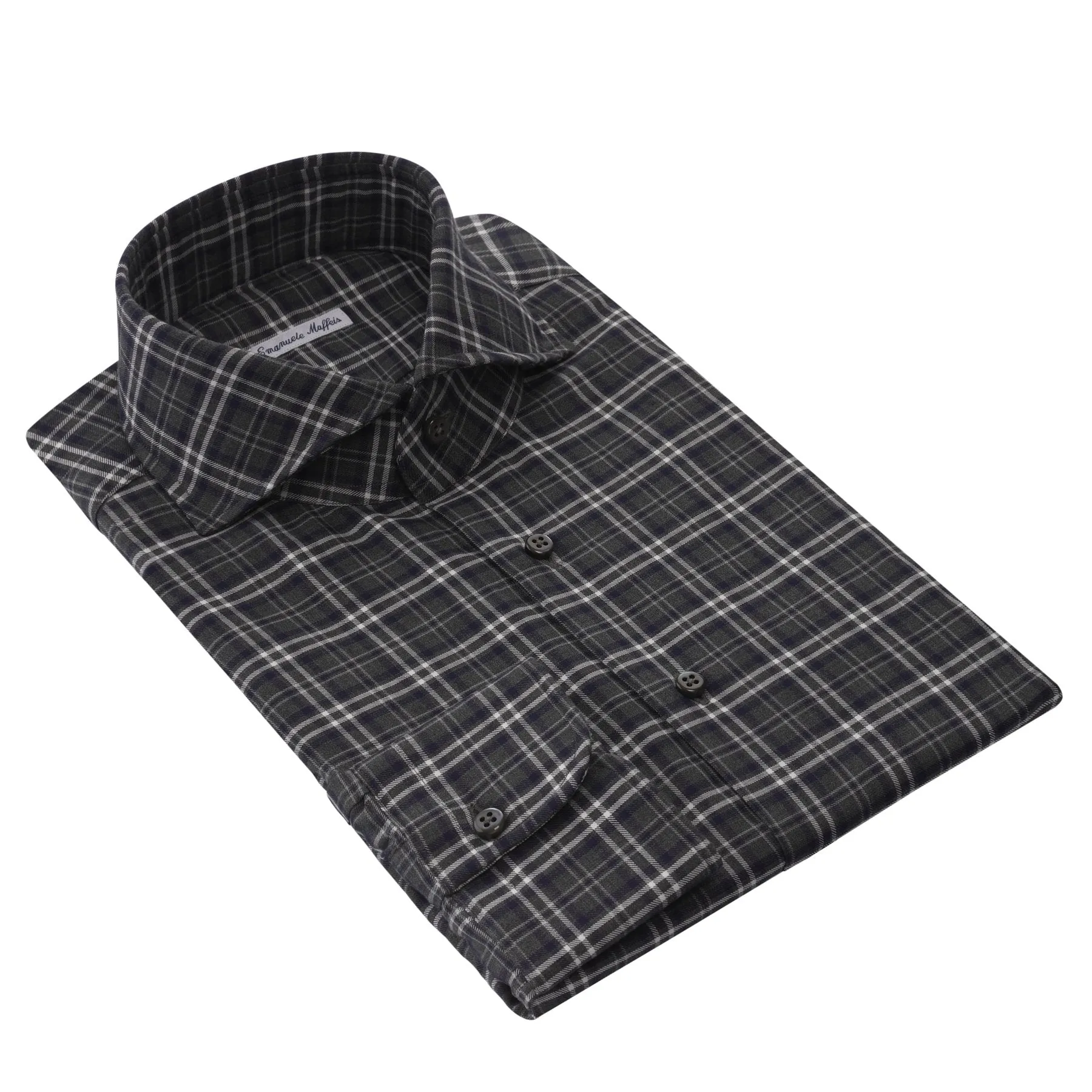 Checked Cotton Green Shirt with Shark Collar