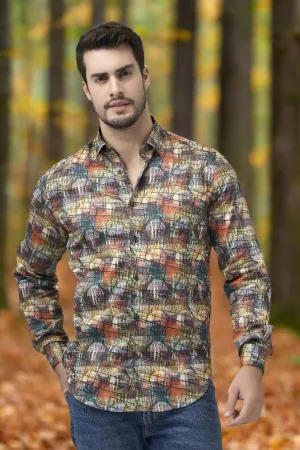 Chic Sunset Modern Print Long Sleeve Hidden Button Down Shirt